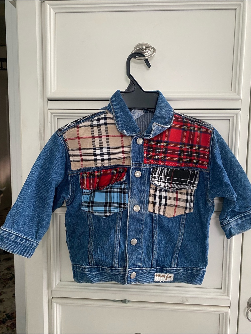 Kids Size 6 Denim Jacket with Multi Plaid Patches - Blue